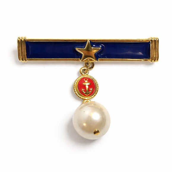 Marvella Jewelry - Vintage Marvella Gold Tone Nautical Enameled Simulated Pearl with Anchor Brooch